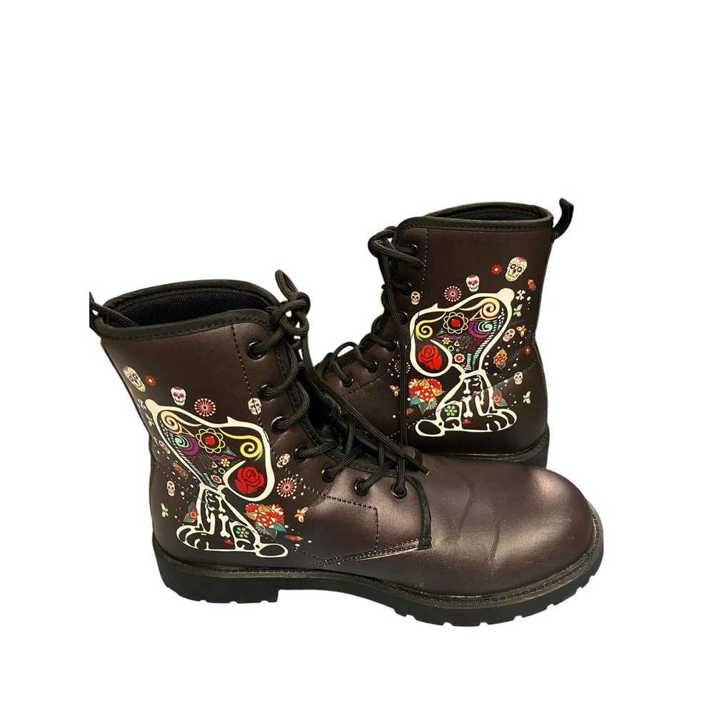 Snoopy Theme Skull Day Of Death Steampunk Combat Boots Faux Leather‎ Women's 8